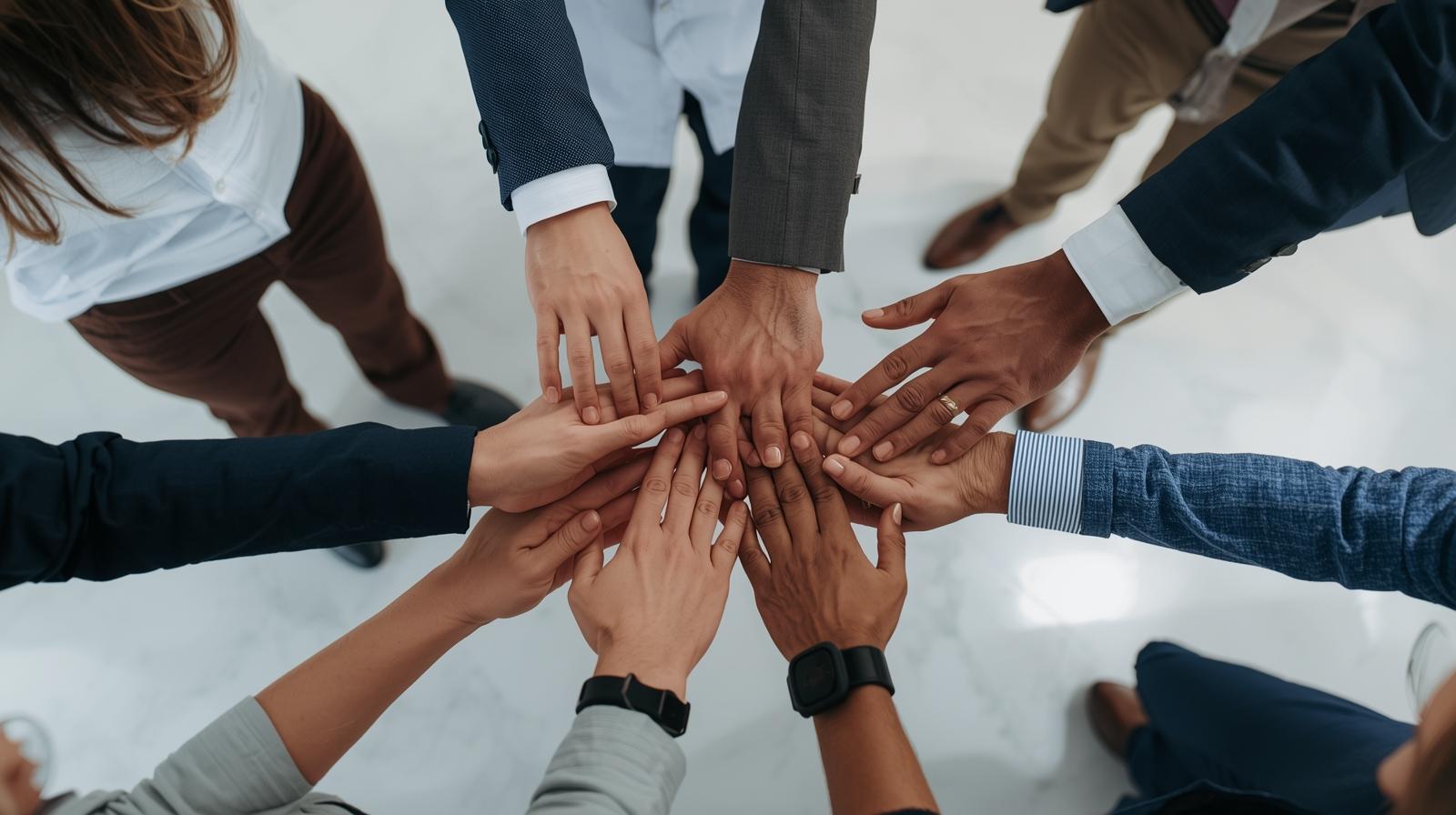 Team bonding in real estate — group of professionals joining hands in unity, symbolising collaboration and togetherness without showing faces.