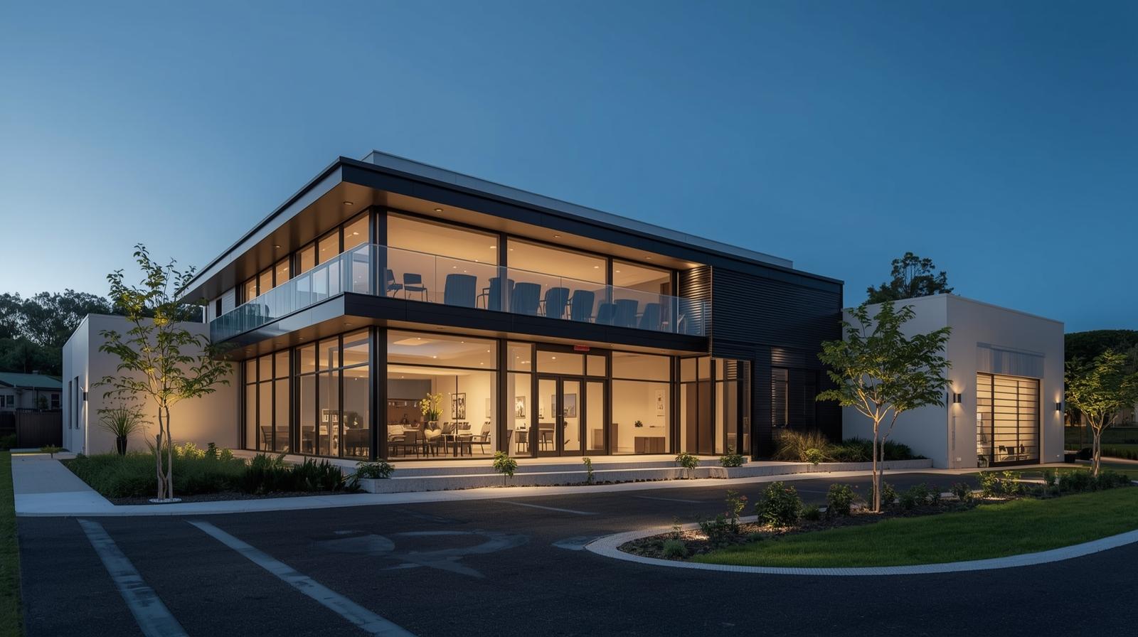 Modern commercial real estate building in Taupō, New Zealand, with glass exterior and contemporary design illuminated at dusk.