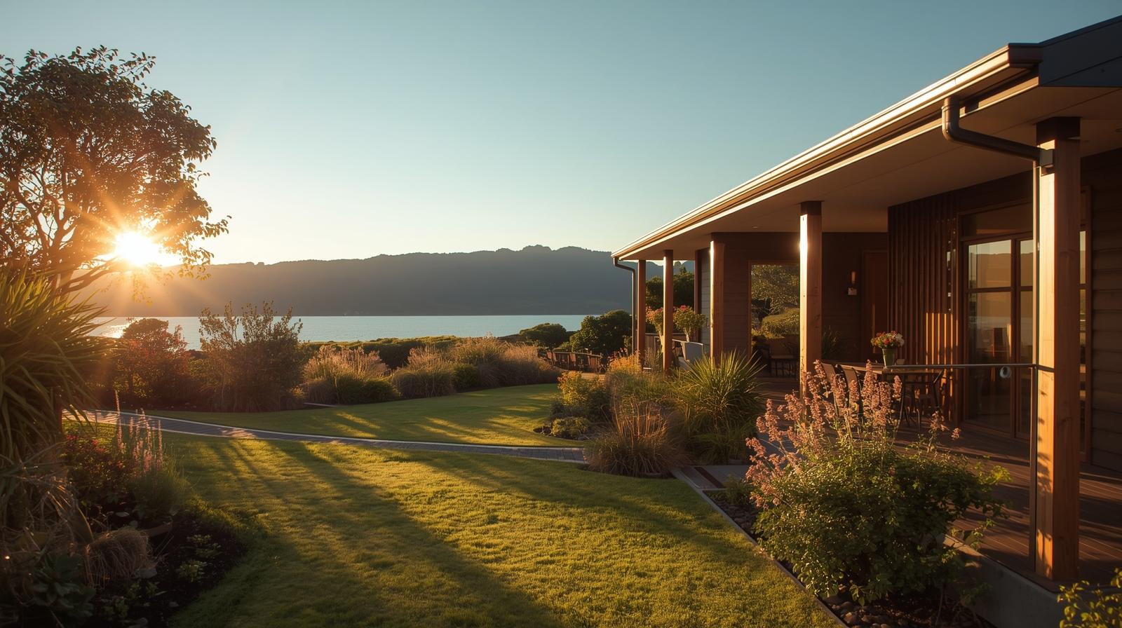 Taupō property management — modern home with landscaped garden overlooking the lake at sunset.