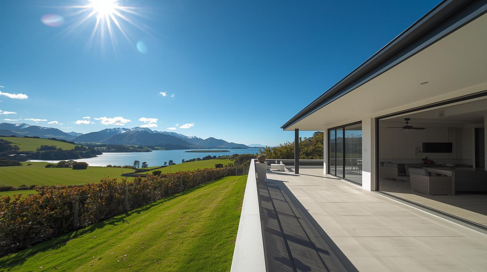 Modern lifestyle property in Taupō with spacious terrace, panoramic lake views, and mountain backdrop under clear blue skies.