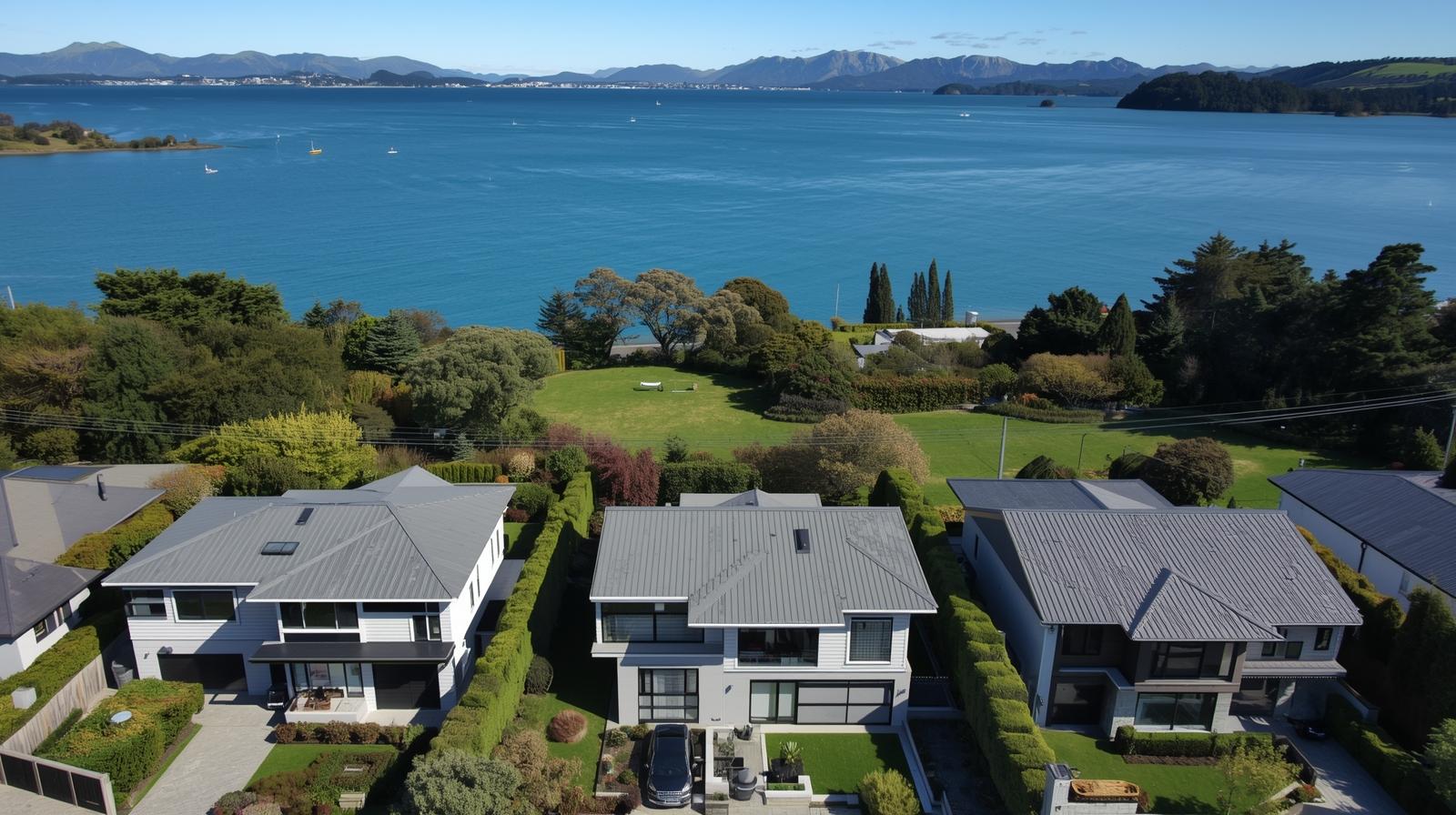 Taupō residential properties for sale with landscaped gardens, modern design, and stunning lake and mountain views.