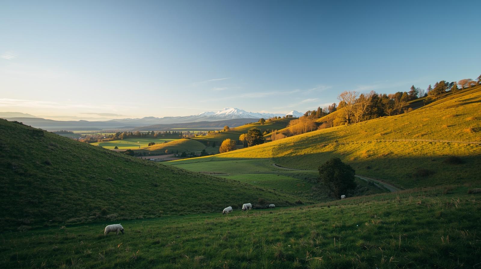 Rural farmland in Taupō, New Zealand, with sheep grazing on rolling green hills and snow-capped mountains in the distance.
