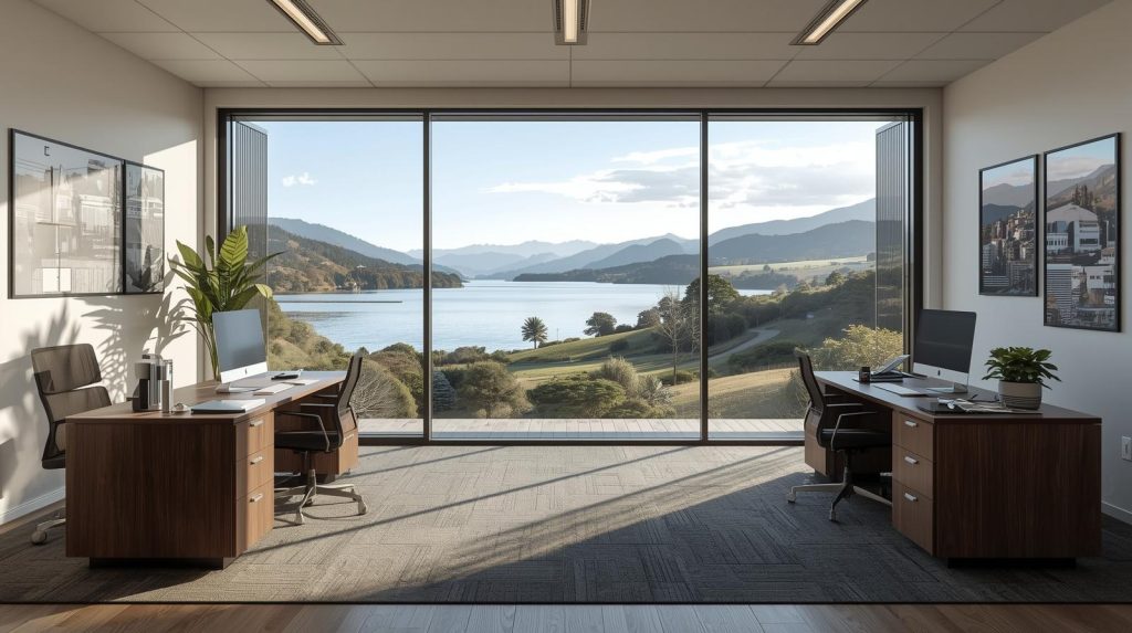 Modern office space in Taupō, New Zealand, with large windows overlooking the lake and mountains, representing professional property management services.